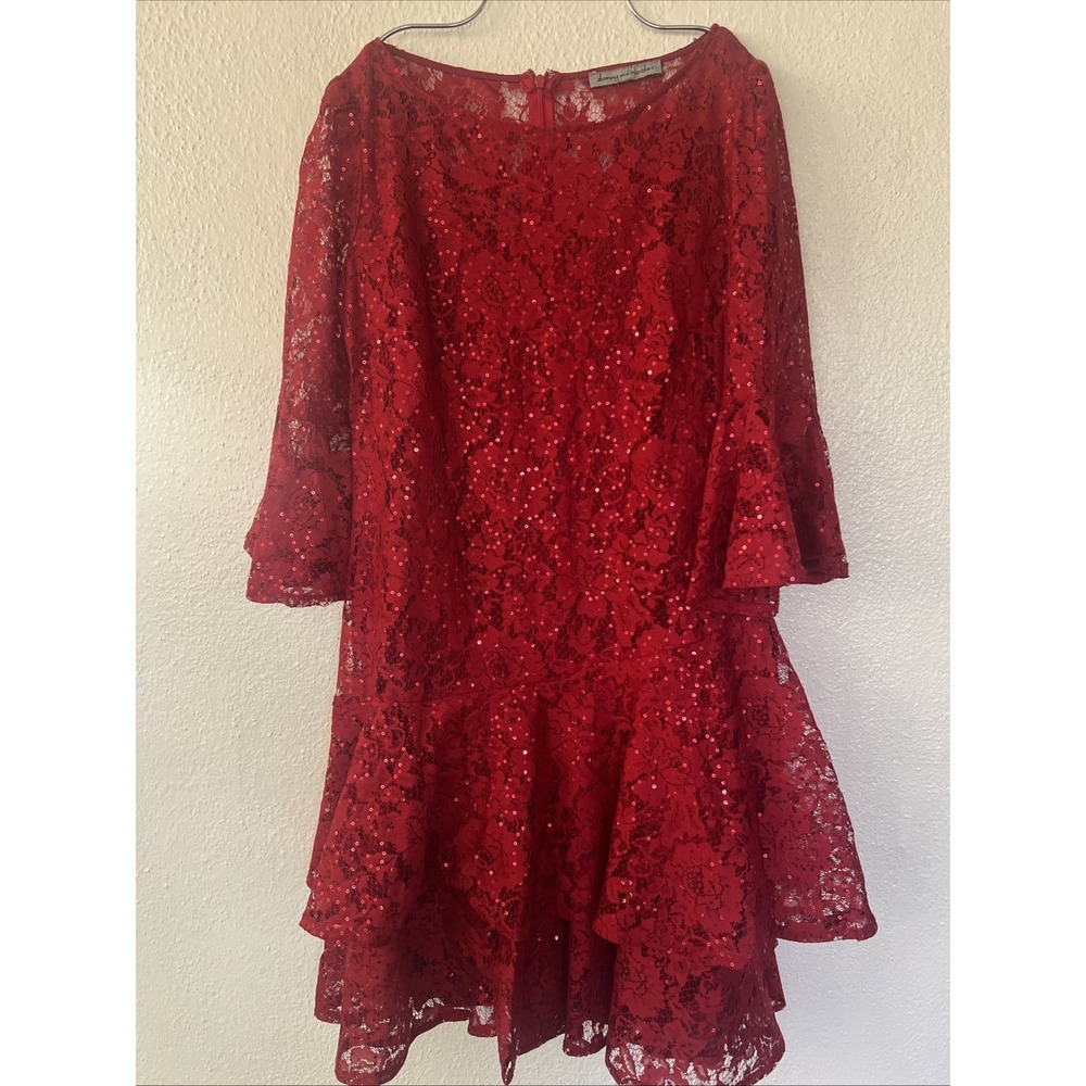 Danny & Nicole Sequin Dress Sz 8 Red Lace 3/4 Sleeve Sheath Asimetrc